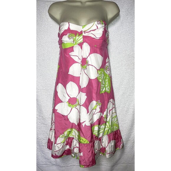 Lilly Pulitzer Blair Silk Strapless Ruffle Dress Hotty Pink She's A Piston Sz 4 - Picture 1 of 11